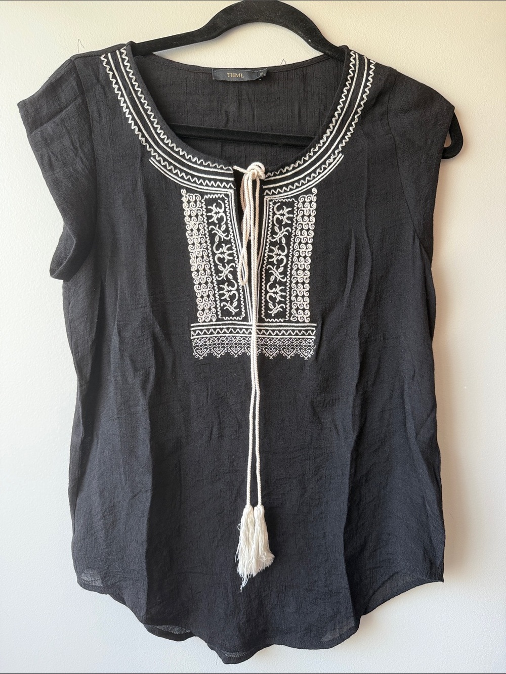 THML Black Cream Embroidered Tie-Front tassel Peasant Top small fall transition